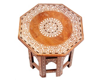 Op bestelling gemaakte houten bijzettafel met parelwitte inleg, met hout ingelegde bijzettafel, achthoekige hoektafel, verwijderbaar blad, morsbestendige coating