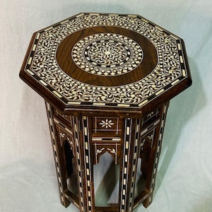 Antique finish Custom-Made Wooden Side Table with Bone Inlay - Removable top, Spill-Resistant Coating