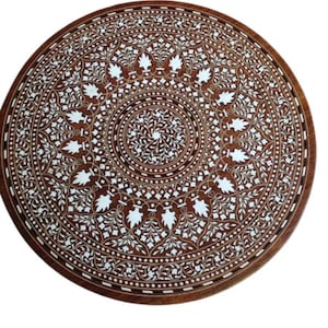 Handmade Inlaid Wood Side Table: Round Bedside End Table