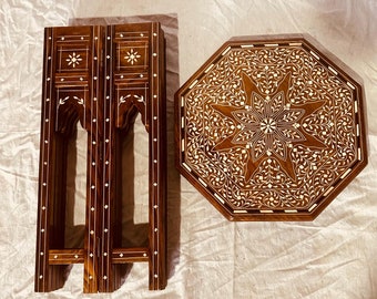 Antique Finish Bone Inlay Wooden Side Table, Wood Inlaid Antique Finish Bone Inlay Wooden Side Table, Wood Inlaid