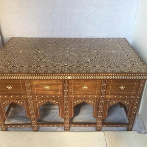 Antique Finish Wooden Coffee Table with Elegant Bone Inlay, Natural Wood Rectangular Center Table - Removable top, Spillproof Coating