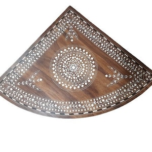 Corner Table with Elegant Hand Inlay in wood, Natural Wood Table - Removable top, Spillproof Coating