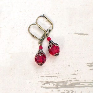 Antique Style Siam Red Crystal Earrings with Antique Brass Filigree - Bronze Renaissance Victorian Vintage Style Boutique Jewelry