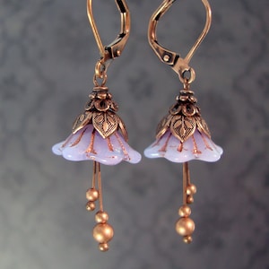 Lavender Fairy Flower Earrings Handmade with Artisan Czech Glass Beads and Antiqued Copper, Light Purple Floral Costume Jewelry