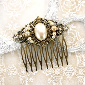 Victorian Hair Comb with Crystal Pearls and Ivory Cabochon - Rustic Wedding Antique Brass Filigree Renaissance Vintage Wedding Bronze Comb