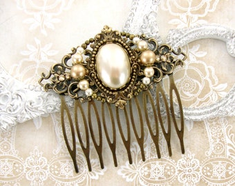 Victorian Hair Comb with Crystal Pearls and Ivory Cabochon - Rustic Wedding Antique Brass Filigree Renaissance Vintage Wedding Bronze Comb