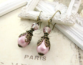 Victorian Style Pink Earrings with Crystal Beads and Simulated Pearls Hand Wrapped in Antiqued Brass Filigree