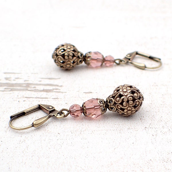 Blush Rose Pink Crystal Earrings with Floral Filigree Beads - Lever Backs, Hooks, or Clip Ons