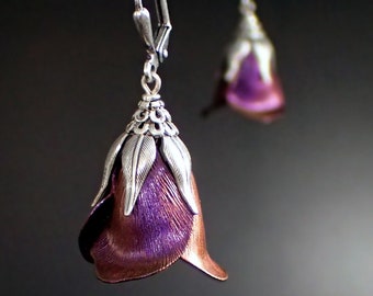 Iridescent Color Shifting Flower Earrings, Fuchsia and Copper Victorian Tulip Drops with Antiqued Silver Metal