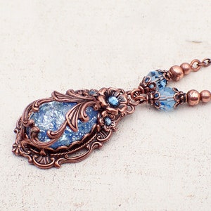 Victorian Cabochon Necklace with Aqua Blue Faux Opal Stone and Crystals and Antiqued Copper Filigree image 2