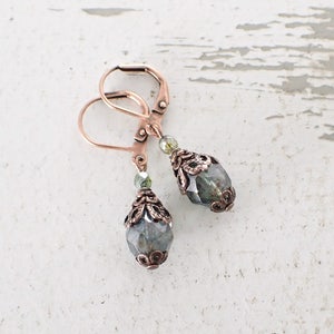 Rustic Green and Copper Earrings - Hooks or Lever Backs Antique Style Filigree - Artisan Handmade Jewelry