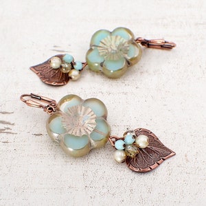 Czech Glass Earrings with Artisan Table-cut Flower Beads, Mint Green and Champagne Beaded Clusters with Antiqued Copper Leaf Charms