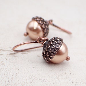 Acorn Earrings with Rose Gold-Colored Austrian Crystal Pearls and Antiqued Copper - Handmade Autumn Jewelry, Hook, Lever Back, or Clip On