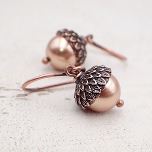Acorn Earrings with Rose Gold-Colored Austrian Crystal Pearls and Antiqued Copper - Handmade Autumn Jewelry, Hook, Lever Back, or Clip On
