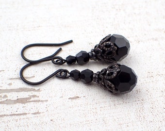 Gothic Victorian Mourning Jet Black Crystal Earrings with Black Brass Filigree - Romantic Victorian Style Jewelry, Gothic Jewelry Gifts