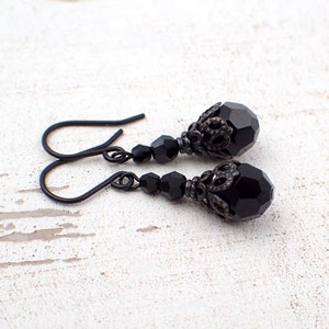 Gothic Victorian Mourning Jet Black Crystal Earrings with Black Brass Filigree - Romantic Victorian Style Jewelry, Gothic Jewelry Gifts