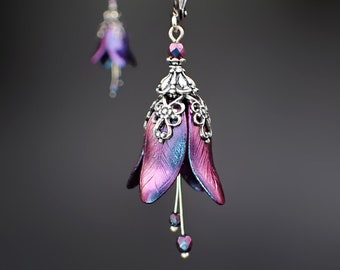 Iridescent Flower Earrings in Color-Shifting Blue, Purple, and Fuchsia with Antiqued Silver Filigree and Czech Glass Beads