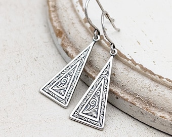 Silver Geometric Drop Earrings, Antique Style Silver Earrings with Embossed Flourishes, Victorian Art Deco Nouveau Jewelry