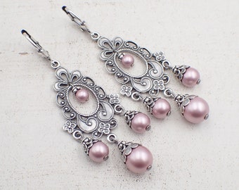 Powder Rose Victorian Style Chandelier Earrings, Handmade with Crystal Simulated Pearls and Antiqued Silver