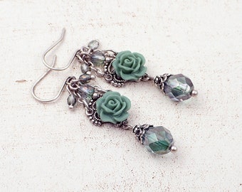 Dusty Seafoam Resin Rose Earrings with Czech Glass Beads and Antiqued Silver Plated Brass Filigree