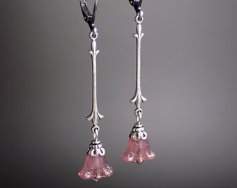 Rosy Pink Art Nouveau Lily Earrings with Antiqued Silver and Designer Czech Glass Beads