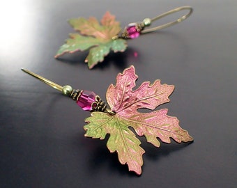Colorful Maple Leaf Earrings With Fuchsia Pink and Light Green Crystals - Color Shifting Patina Jewelry