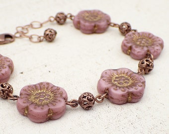 Tulip Bead Bracelet in Handcrafted in Pink Green /& Copper