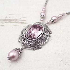 Antique Pink Colored Victorian Style Crystal Necklace, Powder Pink Pearl and Antique Silver Filigree Wedding Jewelry