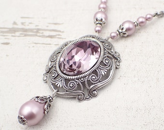 Antique Pink Colored Victorian Style Crystal Necklace, Powder Pink Pearl and Antique Silver Filigree Wedding Jewelry