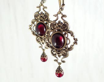 Blood Red Victorian Style Statement Earrings Handmade with Cabochons and Crystal Beads - Siam Red Vampire Jewelry