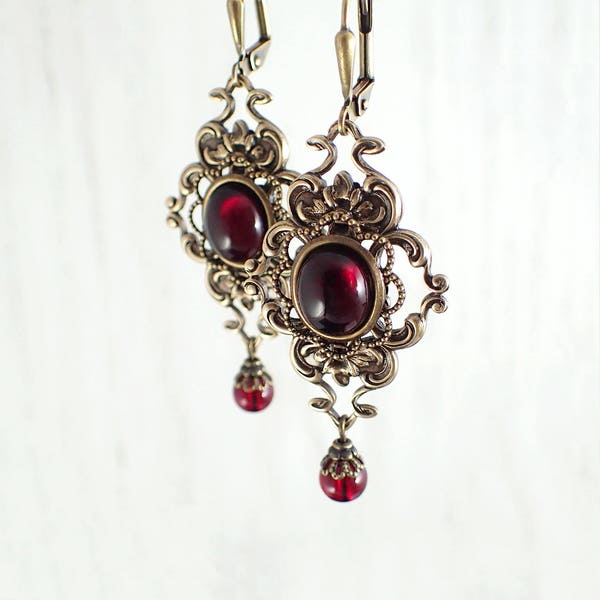 Blood Red Victorian Style Statement Earrings Handmade with Cabochons and Crystal Beads - Siam Red Vampire Jewelry