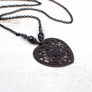 Gothic Victorian Black Heart Shaped Filigree Necklace with Crystal Beads