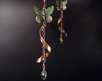 Copper and Iridescent Green Butterfly and Crystal Pearl Long Bead and Chain Dangle Earrings