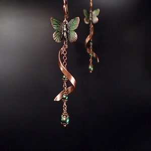Copper and Iridescent Green Butterfly and Crystal Pearl Long Bead and Chain Dangle Earrings