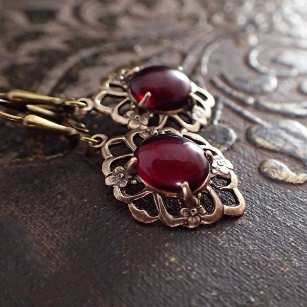 Red Cabochon Lever Back Earrings in Antiqued Brass - Bronze and Blood Red Victorian Gothic Jewelry