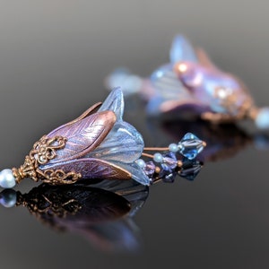 Lucite Flower Earrings in Color-Shifting Iridescent Lavender and Blue with Crystal Beads and Antiqued Copper, Handmade Artistic Jewelry