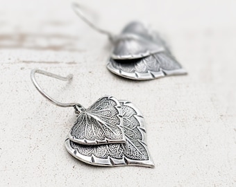 Antiqued Silver Leaf Earrings, Handmade with Layered Heart-shaped Leaves