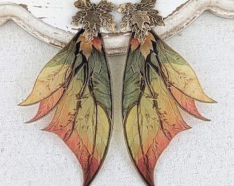 Autumn Woodland Fairy Wing Earrings, Translucent Maple Leaf Brass Jewelry, Lightweight Fantasy Fairycore Earrings