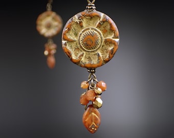 Rustic Autumn Flower Earrings with Burnt Orange Handmade Artisan Czech Glass Beads and Antiqued Brass