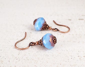 Bright Blue and Copper Handmade Earrings with Lavender Luster, Vintage Style Antiqued Copper Bridesmaids Jewelry