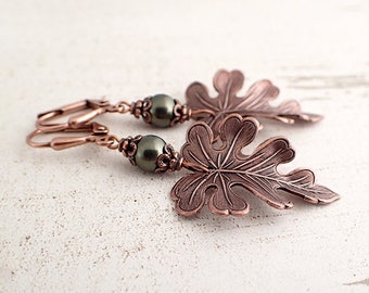 Green and Copper Oak Leaf Earrings - Crystal Pearl Handmade Woodland Leaf Earrings with Lever Backs - Nature Inspired Gift Jewelry