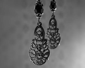 Gothic Victorian Black Metal Filigree Lever Back Earrings,  Blackened Brass with Jet Black Crystals