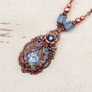 Victorian Cabochon Necklace with Aqua Blue Faux Opal Stone and Crystals and Antiqued Copper Filigree image 7