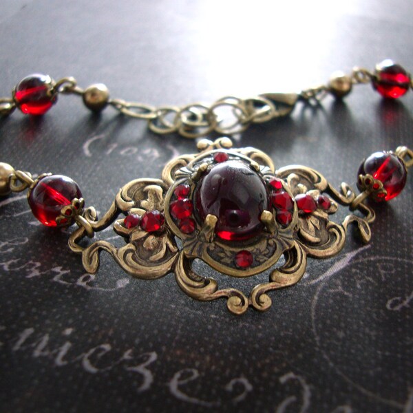 Romantic Red Victorian Bracelet - Swarovski Garnet Red Bronze Filigree Gothic Bracelet Antique Brass Bracelet Vampire Renaissance Jewelry