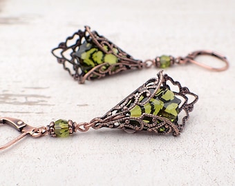 Olive Green Filigree Wrapped Leverback Earrings made with Crystal Baroque Pendants, Copper Renaissance Jewelry - Woodland Earrings