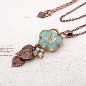 Czech Glass Pendant Necklace with Artisan Table-cut Flower Beads, Mint Green and Champagne Beaded Clusters with Antiqued Copper Leaf Charms