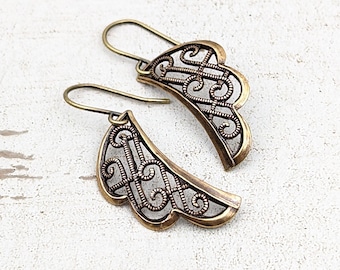 Art Deco Wing Earrings, Geometric Filigree Antiqued Brass Earrings with Hooks, Lever Backs or Clip Ons, Victorian Art Nouveau Style Jewelry