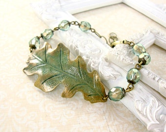 Green and Bronze Oak Leaf Bracelet - Hand Painted Jewelry - Patina Jewelry - Nature Jewelry - Sage Forest Green Antiqued Brass Gold Bracelet