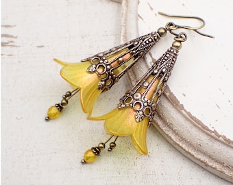 Lucite Flower Earrings in Iridescent Golden Yellow and Orange with Vintage Victorian Style Antiqued Brass Filigree