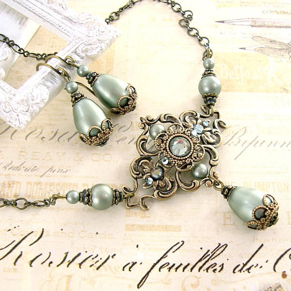 Sage Green Victorian Jewelry Set, Antique Brass Vintage Style Teardrop Necklace and Earrings Crystal Pearl Sage Green Rustic Wedding Jewelry